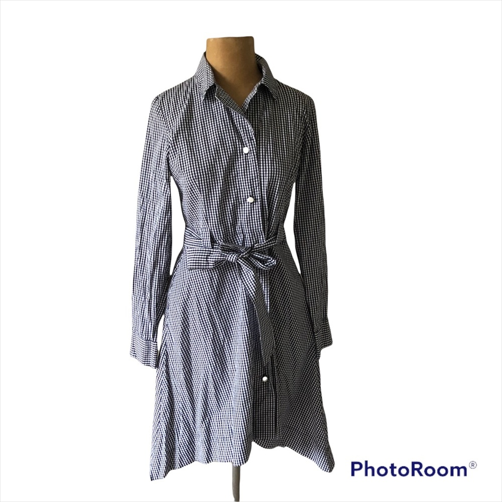 Kikilynn Navy & White gingham  Long sleeve cotton Shirt Dress Size 4 NWOT